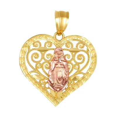 14K Gold Two Tone Lady of Guadalupe Heart Charm Pendant