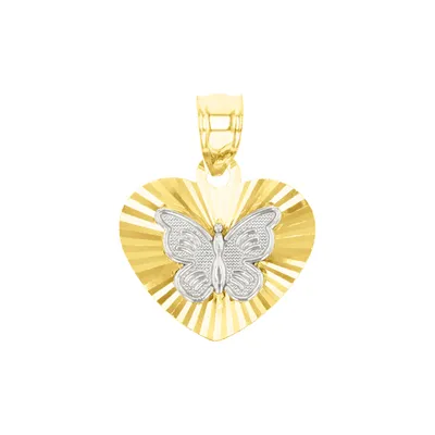 14k Two Tone Gold Butterly Diamond Cut Heart Pendant