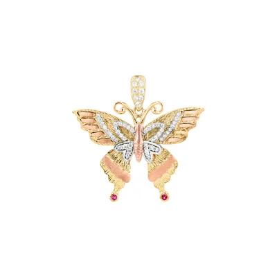 14K Gold Tri Colored Butterfly Cubic Zirconia Pendant