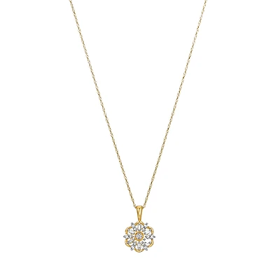 14K Yellow Gold Diamond Flower Pendant Necklace