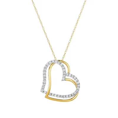 14K Gold Two Tone Double Heart Diamond Pendant Necklace