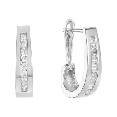 14k White Gold Oval Channel Set Diamond Hoops