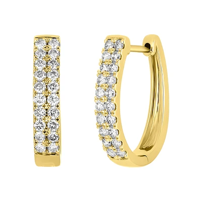 14K Yellow Gold Oval Pave Diamond Hoop Earrings