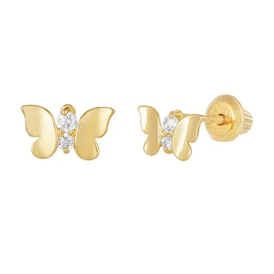 14K Yellow Gold Butterfly Cubic Zirconia Children's Earrings