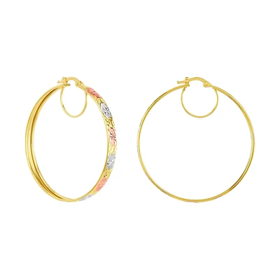 14K Gold Tri-Color 42mm Diamond Cut Star Pattern Hoop Earrings