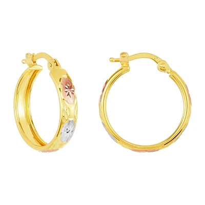 14K Gold Tri-Color 17mm Diamond Cut Star Pattern Hoop Earrings