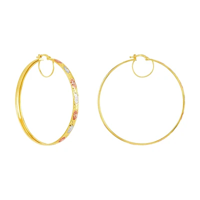 14K Gold Tri-Color 52mm Diamond Cut Star Pattern Hoop Earrings