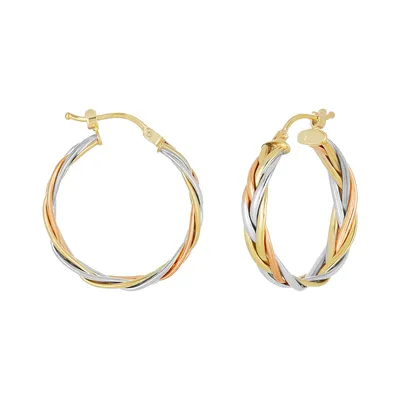 14K Gold Tri Colored Braided Design Hoop Earrings