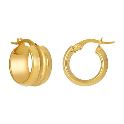 14K Yellow Gold 14mm Polished and Satin Wide Hoop Earrings