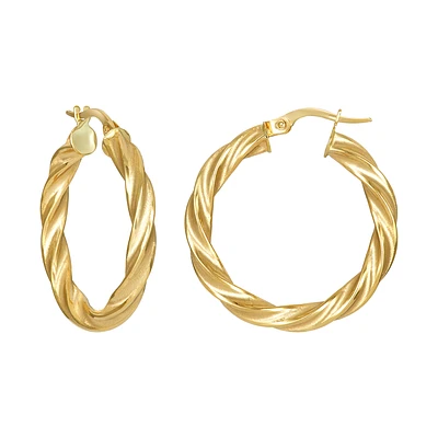 14K Yellow Gold Satin Twist Design Hoop Earrings