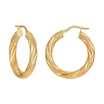 14K Yellow Gold Textured Twist Hoop Earrings