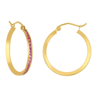 14K Yellow Gold Red Cubic Zirconia Hoop Earrings