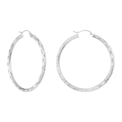 14K White Gold 45mm Diamond Cut Linear Pattern Hoops