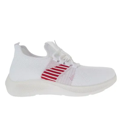 Tenis William color blanco con textura y detalle de rayas rojas