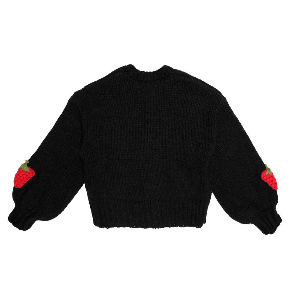Suéter abierto color negro con fresas para mujer