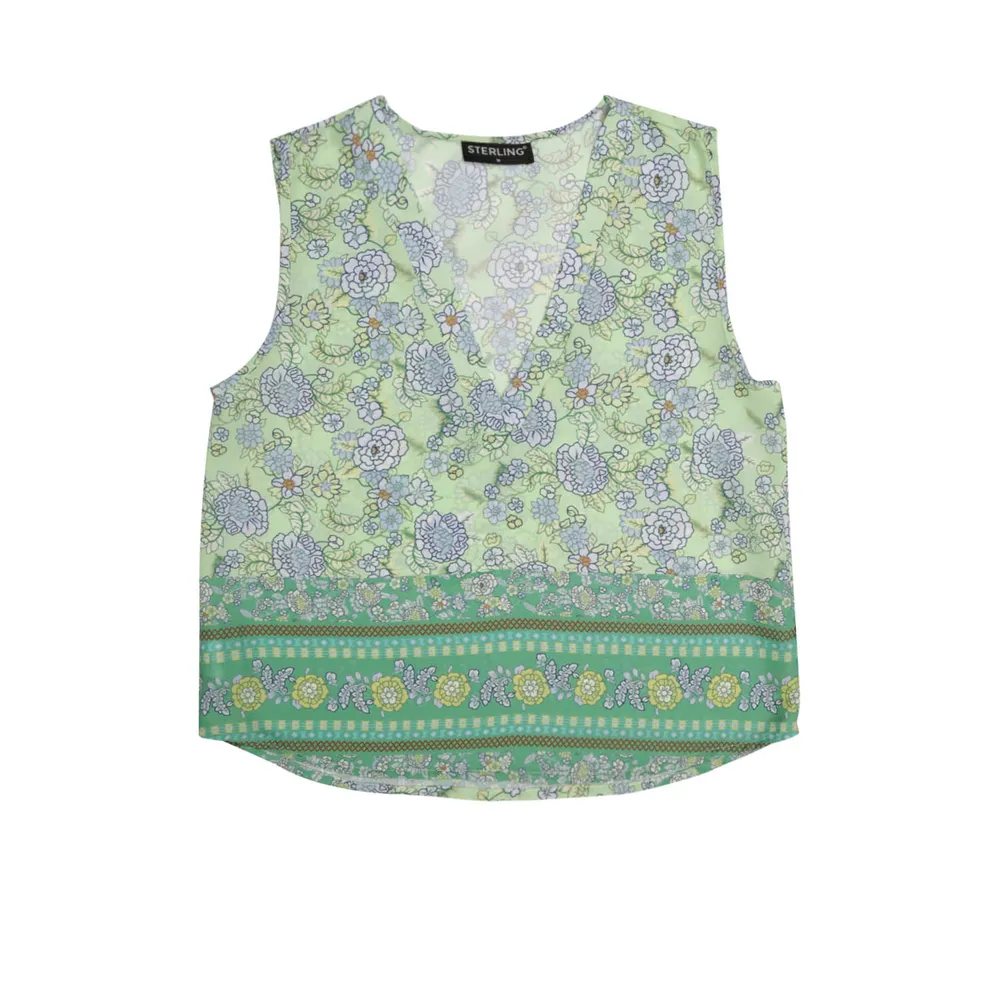 Blusa sin mangas color verde con flores para mujer