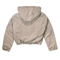 Chamarra bomber beige pana delgada interior afelpado con capucha botones para mujer