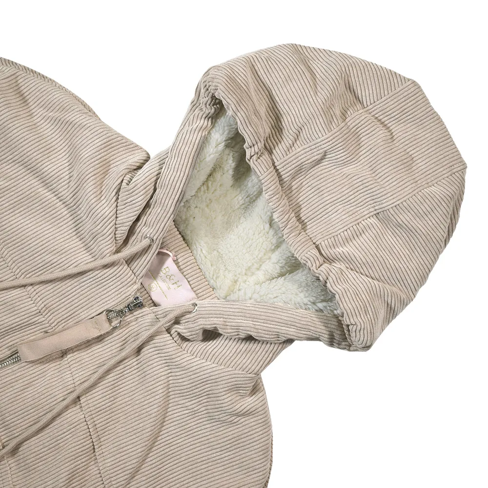 Chamarra bomber beige pana delgada interior afelpado con capucha botones para mujer