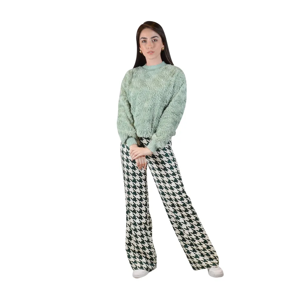 Pantalón acampanado verde blanco para mujer