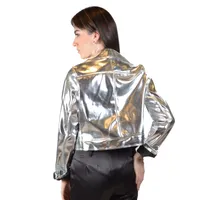 Chamarra biker corta color plata para mujer