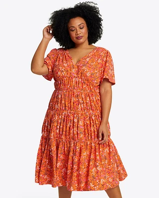 Margo Flutter Sleeve Dress Apricot Pansy Floral