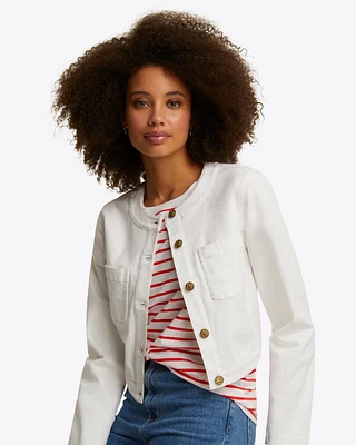 Collarless Jacket White Denim