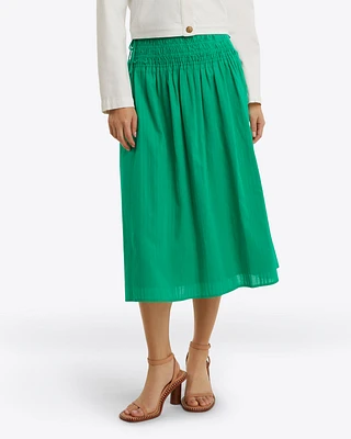 Smocked Waist Midi Skirt Cotton Dobby