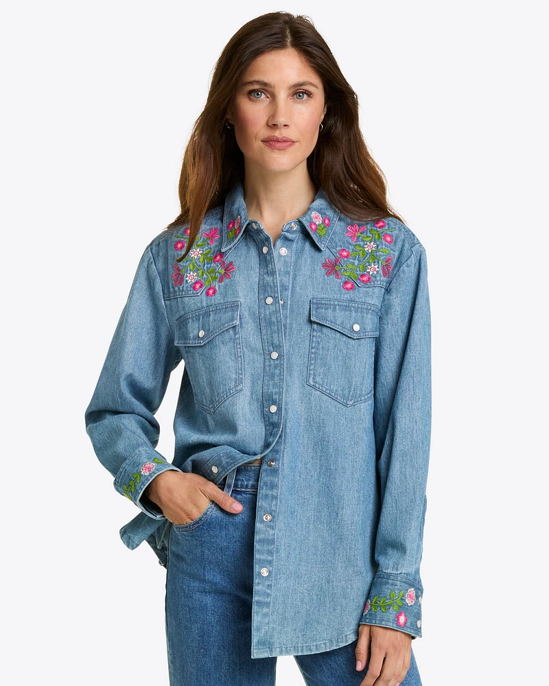 Lynn Embroidered Long Sleeve Top Denim