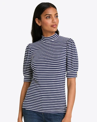 Mock Neck Puff Sleeve Top Navy