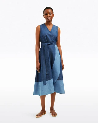 Lorelai Two Tone Sleeveless Wrap Dress Chambray