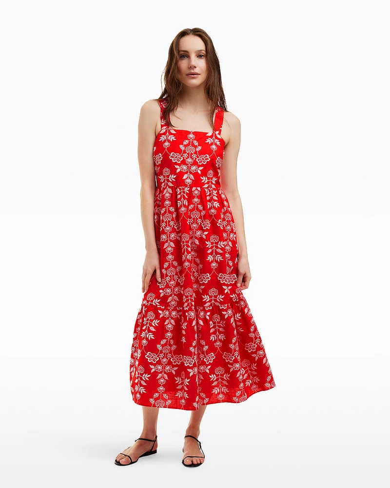 Cynthia Embroidered Midi Dress Red Floral Embroidery