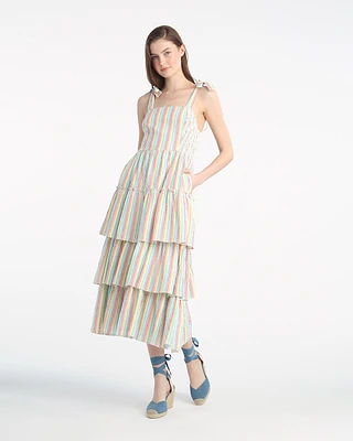 Taylor Tiered Midi Dress Rainbow Stripes