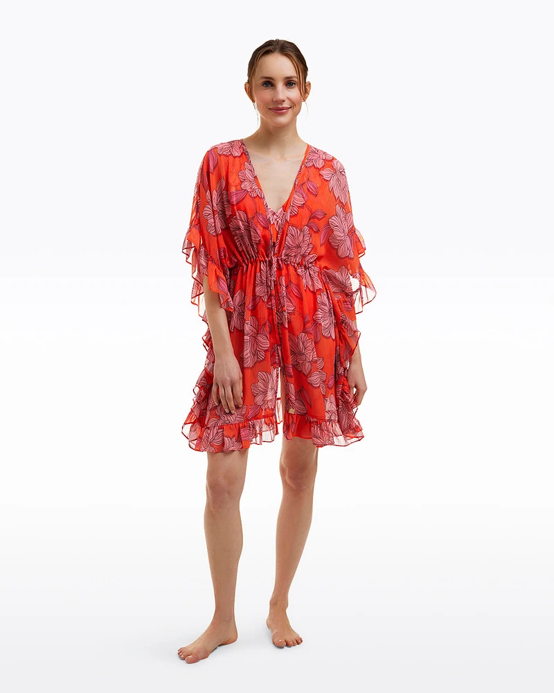 Red Magnolia Ruffle Caftan Cover Up