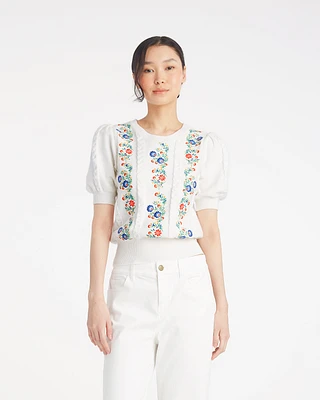 Short Sleeve Sweater with Floral Embroidery