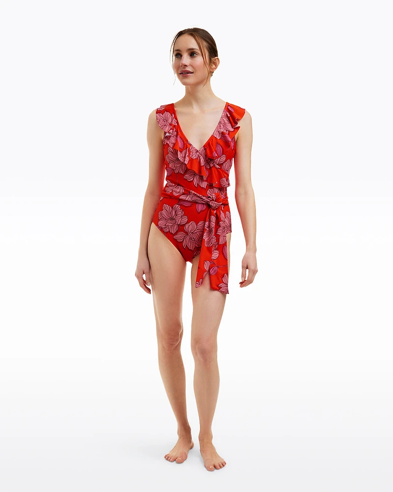 Red Magnolia Ruffle One Piece with Belt