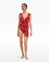 Red Magnolia Ruffle One Piece with Belt