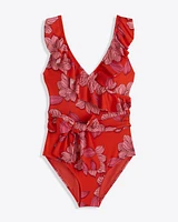 Red Magnolia Ruffle One Piece with Belt