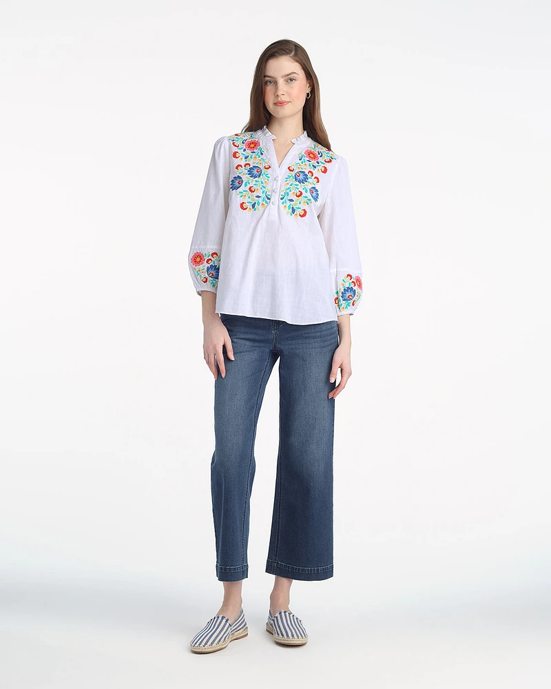 Long Sleeve Top with Floral Embroidery