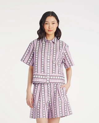 Short Sleeve Cropped Button Down Dotted Stripes Jacquard