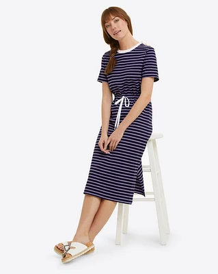 Tie Waist Midi T-Shirt Dress Nassau Navy Mariner Stripe