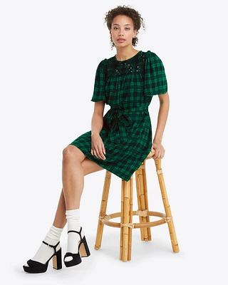 Flutter Sleeve Shift Dress Blackwatch Plaid