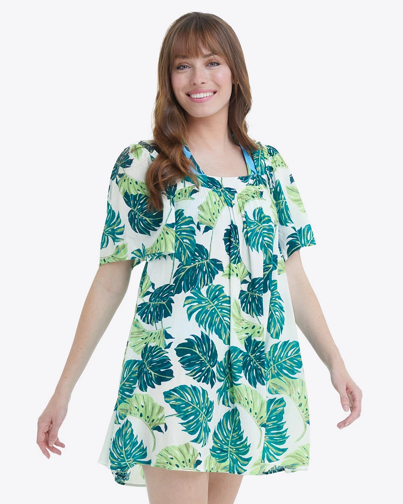 Square Neck Dress Monstera Floral