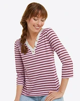 V-Neck Puff Sleeve Shirt Dark Pink Mariner Stripe