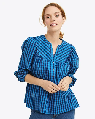 Button-Front Top Blue Gingham