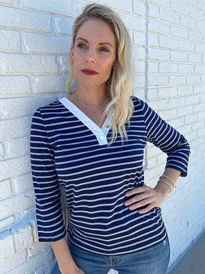 V-Neck Puff Sleeve Shirt Nassau Navy Mariner Stripe