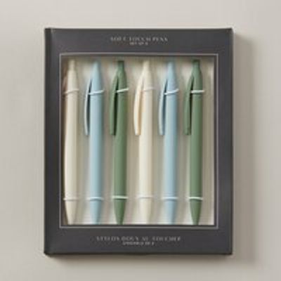 SET OF 6 SOFT TOUCH PENS, IVORY/SAGE/BLUE