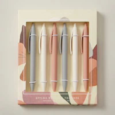 SET OF 6 SOFT TOUCH PENS, IVORY/DUSTY ROSE/GREY