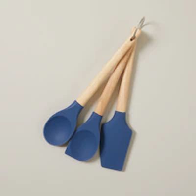 SET OF 3 WOOD & SILICONE UTENSILS BLUE