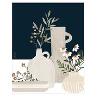 Vases and Flowers on Dark Blue Illustration Art Print, 11" X 14"