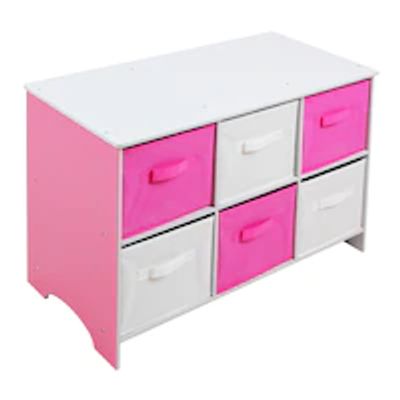 Wooden Storage Bench with Bins, Pink and White